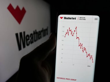 Stuttgart, Almanya - 03-07-2025: ABD 'li petrol şirketi Weatherford International plc' in logosunun bulunduğu web sitesi logosu ekranda. Telefon ekranının merkezine odaklan.