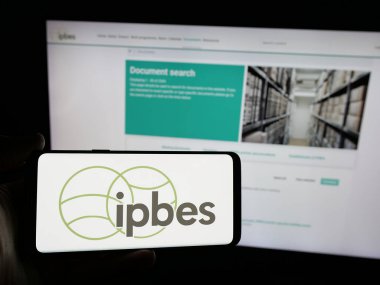 Stuttgart, Almanya - 03-07-2025: Hükümetlerarası örgüt IPBES logosuna sahip akıllı telefonu web sitesinin önünde tutan kişi. Telefon ekranına odaklan.