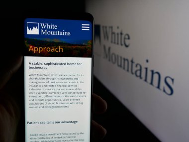 Stuttgart, Almanya - 03-09-2025: Beyaz Dağlar Sigorta Grubu Ltd. şirketinin logosunun bulunduğu web sayfası ekranda logonun önünde duruyor. Telefon ekranının merkezine odaklan.