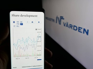 Stuttgart, Almanya - 03-13-2025: İsveçli yatırım şirketi Industrivarden AB 'nin logosunun bulunduğu web sayfası logonun önünde ekranda. Telefon ekranının merkezine odaklan.