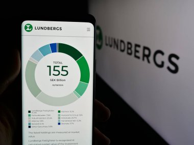 Stuttgart, Almanya - 03-14-2025: Logo önündeki ekranda L E Lundbergforetagen AB (Lundbergs) şirketinin web sayfası bulunan kişi. Telefon ekranının merkezine odaklan.