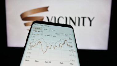 Stuttgart, Almanya - 03-18-2025: Avustralyalı emlak şirketi Vicinity Centres 'in logosuna sahip cep telefonu web sitesinin önünde ekranda. Telefon ekranının sol üst kısmına odaklan.