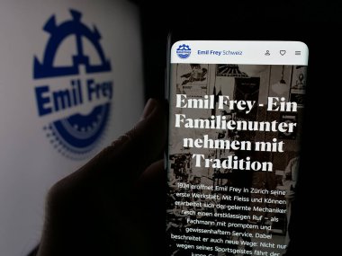 Stuttgart, Almanya - 03-18-2025: İsviçreli otomotiv şirketi Emil Frey Holding AG 'nin logosunun bulunduğu web sayfası ekranda. Telefon ekranının merkezine odaklan.