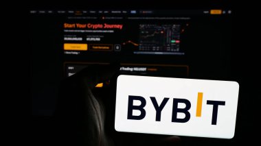 Stuttgart, Almanya - 03-20-2025: Şifre değiş tokuşu şirketi Bybit Fintech Limited 'in logosuna sahip cep telefonu web sayfasının önünde ekranda. Telefon ekranına odaklan.