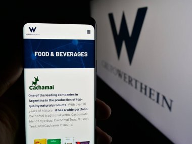 Stuttgart, Almanya - 03-24-2025: Arjantinli şirket Grupo Werthein 'in internet sayfası olan kişi logonun önünde ekranda. Telefon ekranının merkezine odaklan.