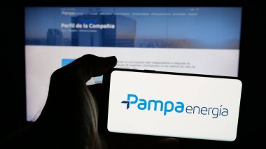Stuttgart, Almanya - 03-27-2025: Arjantinli enerji şirketi Pampa Energia S.A. 'nın logosunun bulunduğu cep telefonu web sayfası önünde ekranda. Telefon ekranına odaklan.