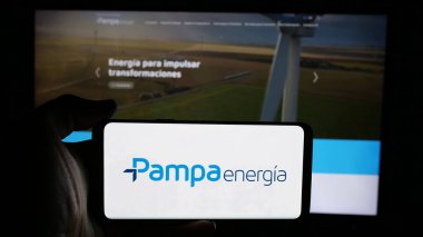 Stuttgart, Almanya - 03-27-2025: Arjantinli enerji şirketi Pampa Energia S.A. 'nın logosunun bulunduğu cep telefonu web sayfası önünde ekranda. Telefon ekranına odaklan.