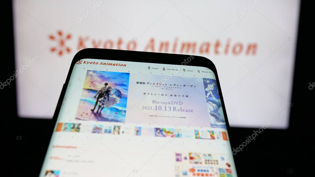 Stuttgart, Germany - 03-24-2025: Mobile phone with logo of Japanese company Kyoto Animation Co. Ltd. on screen in front of website. Focus on top-left of phone display.