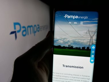 Stuttgart, Almanya - 03-27-2025: Arjantinli enerji şirketi Pampa Energia S.A. 'nın logosunun bulunduğu web sayfası ekranda. Telefon ekranının merkezine odaklan.