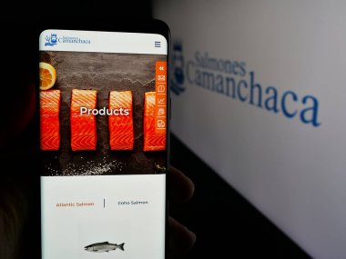Stuttgart, Almanya - 04-03-2025: Aquafarming şirketi Salmones Camanchaca S.A. 'nın web sayfası olan cep telefonu logonun önünde ekranda. Telefon ekranının merkezine odaklan.