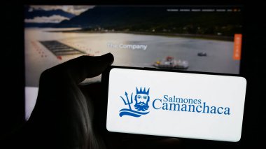 Stuttgart, Almanya - 04-03-2025: Aquafarming şirketi Salmones Camanchaca S.A. 'nın logosuna sahip cep telefonu web sayfası önünde ekranda. Telefon ekranına odaklan.