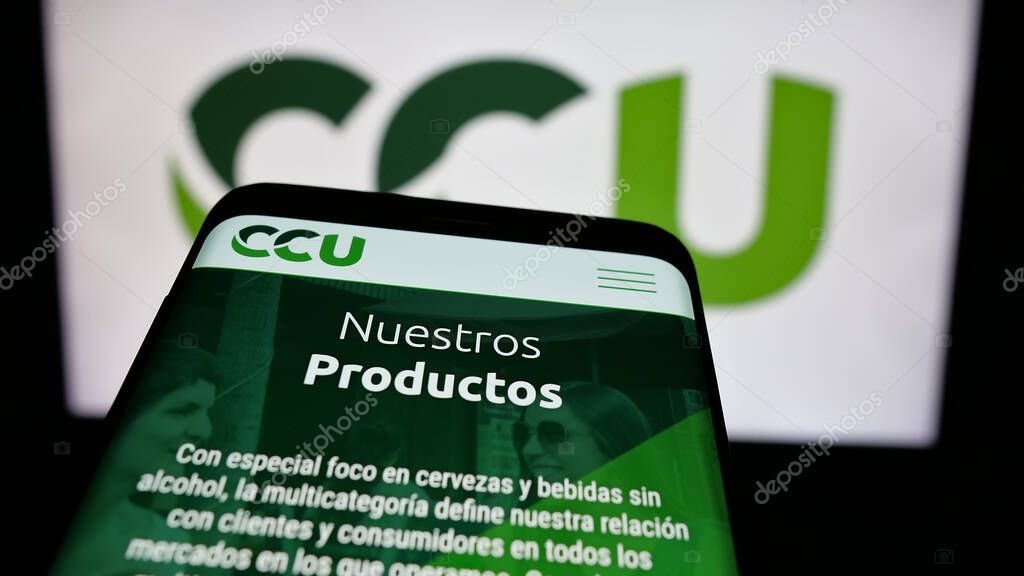 Stuttgart, Germany - 04-03-2025: Mobile phone with logo of Compania Cervecerias Unidas S.A. (CCU) on screen in front of website. Focus on top-left of phone display.