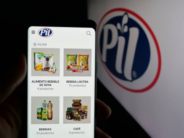 Stuttgart, Almanya - 04-07-2025: Bolivyalı mandıra şirketi PIL Andina S.A. 'nın logosunun yer aldığı web sitesi logosu ekranda. Telefon ekranının merkezine odaklan.