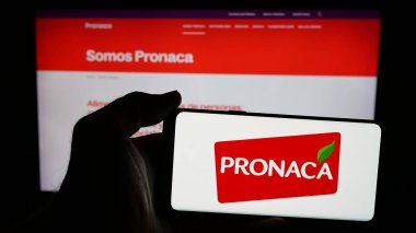Stuttgart, Almanya - 04-09-2025: Ekvador 'lu gıda şirketi Pronaca' nın logosunun bulunduğu cep telefonu web sayfasının önünde duruyor. Telefon ekranına odaklan.