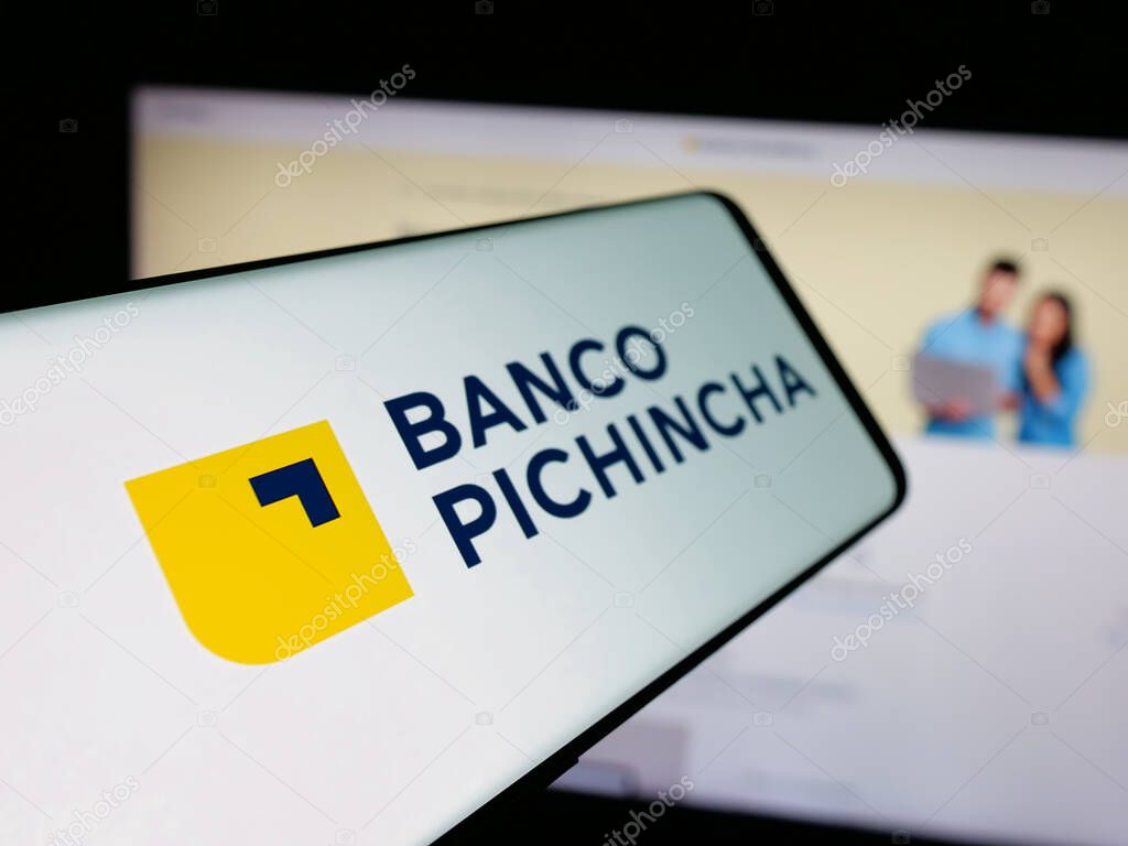 Stuttgart, Germany - 04-09-2025: Smartphone with logo of financial company Banco Pichincha C.A. on screen in front of website. Focus on left of phone display.
