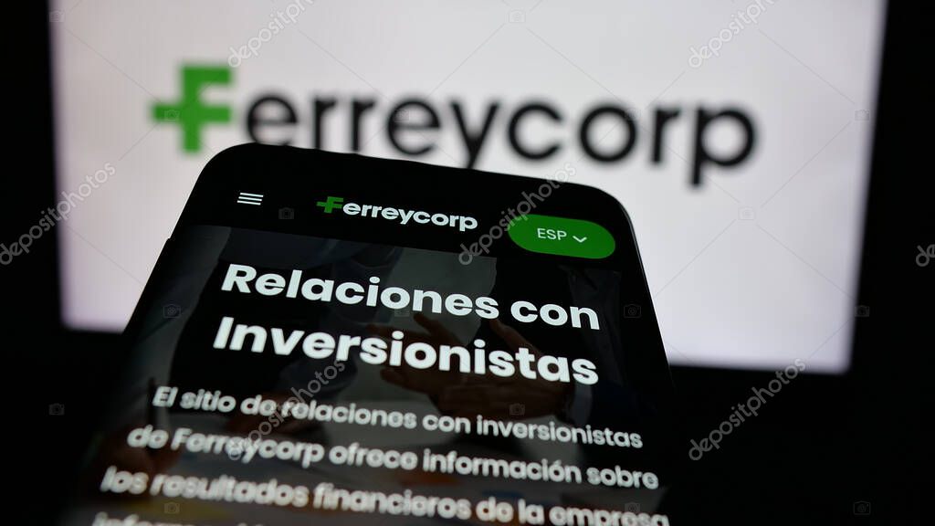 Stuttgart, Germany - 04-17-2025: Mobile phone with webpage of Peruvian machinery company Ferreycorp S.A.A. on screen in front of logo. Focus on top-left of phone display.