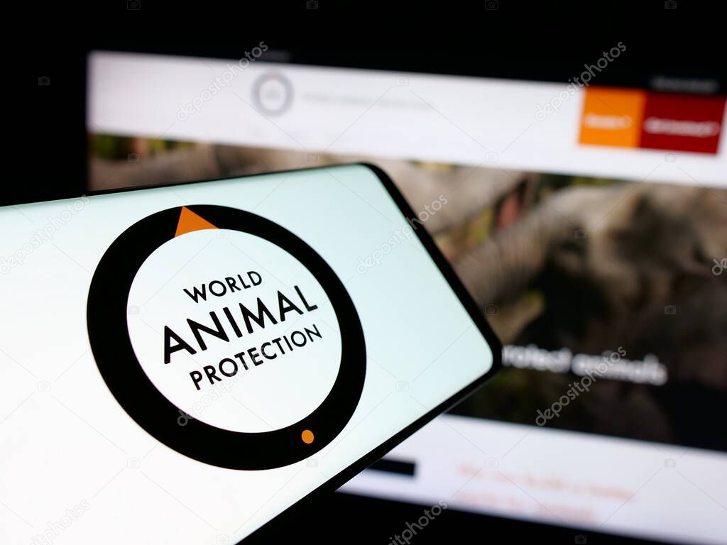 Stuttgart, Germany - 04-17-2025: Smartphone with logo of British organisation World Animal Protection on screen in front of website. Focus on center of phone display.