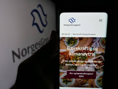 Stuttgart, Almanya - 04-24-2025: Norveçli toptan satış şirketi NorgesGruppen ASA 'nın web sitesi olan kişi logonun önünde ekranda. Telefon ekranının merkezine odaklan.