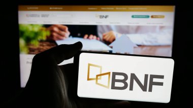 Stuttgart, Almanya - 05-04-2025: İnternet sayfası önünde üzerinde Banco Nacional de Fomento (BNF) logosu bulunan cep telefonu sahibi kişi. Telefon ekranına odaklan.