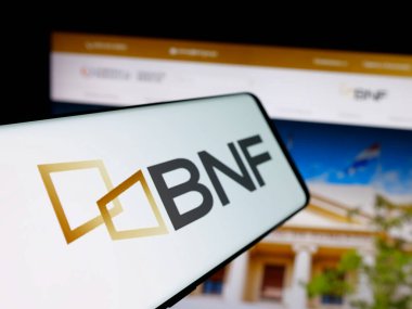 Stuttgart, Almanya - 05-04-2025: İnternet sitesi önünde Banco Nacional de Fomento (BNF) şirketinin logosuna sahip akıllı telefon. Telefon ekranının merkez soluna odaklan.