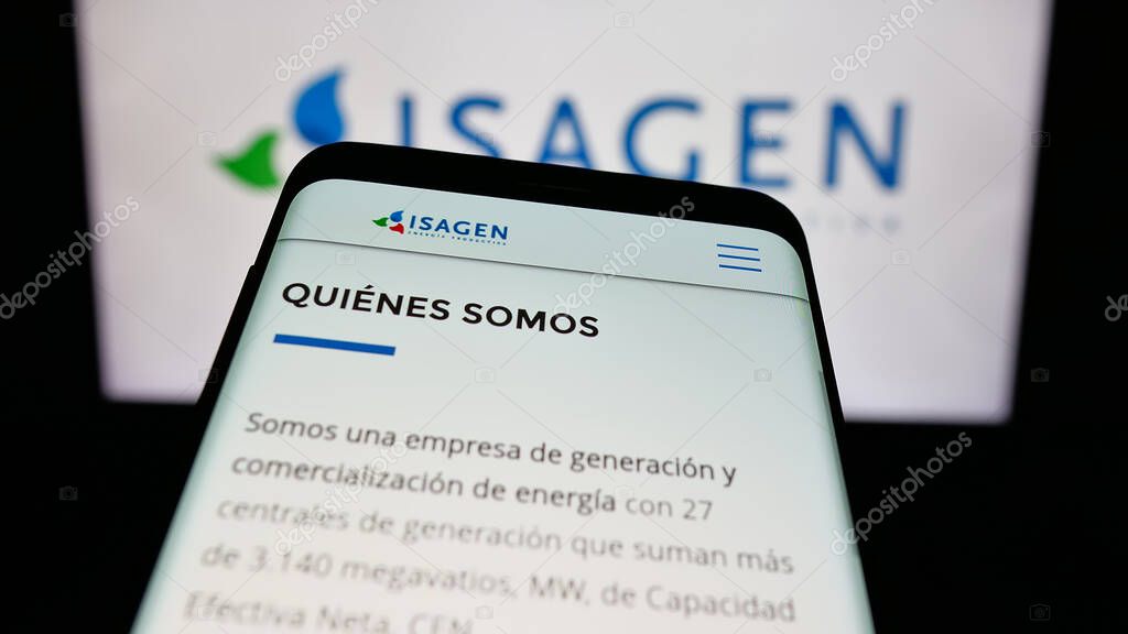 Stuttgart, Germany - 05-06-2025: Mobile phone with logo of Colombian energy company Isagen S.A. E.S.P. on screen in front of website. Focus on top-left of phone display.
