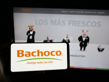 Stuttgart, Almanya - 05-15-2025: Endüstrias Bachoco S.A. de C.V. şirketinin logosuna sahip kişi web sitesinin önünde ekranda. Telefon ekranına odaklan.