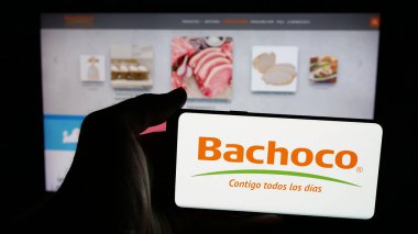 Stuttgart, Almanya - 05-15-2025: Endüstrias Bachoco S.A. de C.V. şirketinin logosuna sahip cep telefonu web sayfası önünde ekranda. Telefon ekranına odaklan.