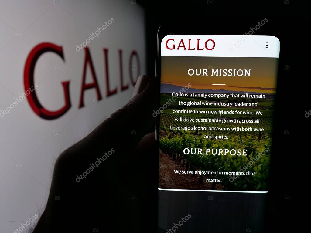 Stuttgart, Germany - 05-17-2025: Person holding smartphone with web page of US wine producing company E. J. Gallo Winery on screen in front of logo. Focus on center of phone display.