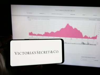 Stuttgart, Almanya - 05-18-2025: ABD 'li iç çamaşırı şirketi Victoria' s Secret Co. 'nun logosunu elinde tutan kişi web sitesinin önünde ekranda. Telefon ekranına odaklan.