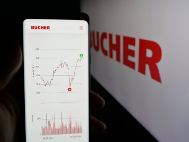 Stuttgart, Almanya - 06-02-2025: İsviçreli makine şirketi Bucher Industries AG 'nin web sayfası ile logo önünde cep telefonu tutan kişi. Telefon ekranının merkezine odaklan.