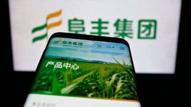 Stuttgart, Almanya - 06-02-2025: Çinli kimya şirketi Fufeng Group Ltd. nin web sitesi ile birlikte logo önünde ekranda. Telefon ekranının sol üst kısmına odaklan.