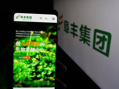 Stuttgart, Almanya - 06-02-2025: Çinli kimya şirketi Fufeng Group Ltd. 'nin internet sayfası olan cep telefonu logonun önünde ekranda. Telefon ekranının merkezine odaklan.