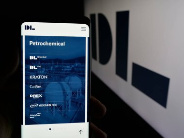 Stuttgart, Almanya - 06-04-2025: Güney Koreli DL Holding Co. Ltd. şirketinin internet sayfası olan cep telefonu logonun önünde ekranda. Telefon ekranının merkezine odaklan.