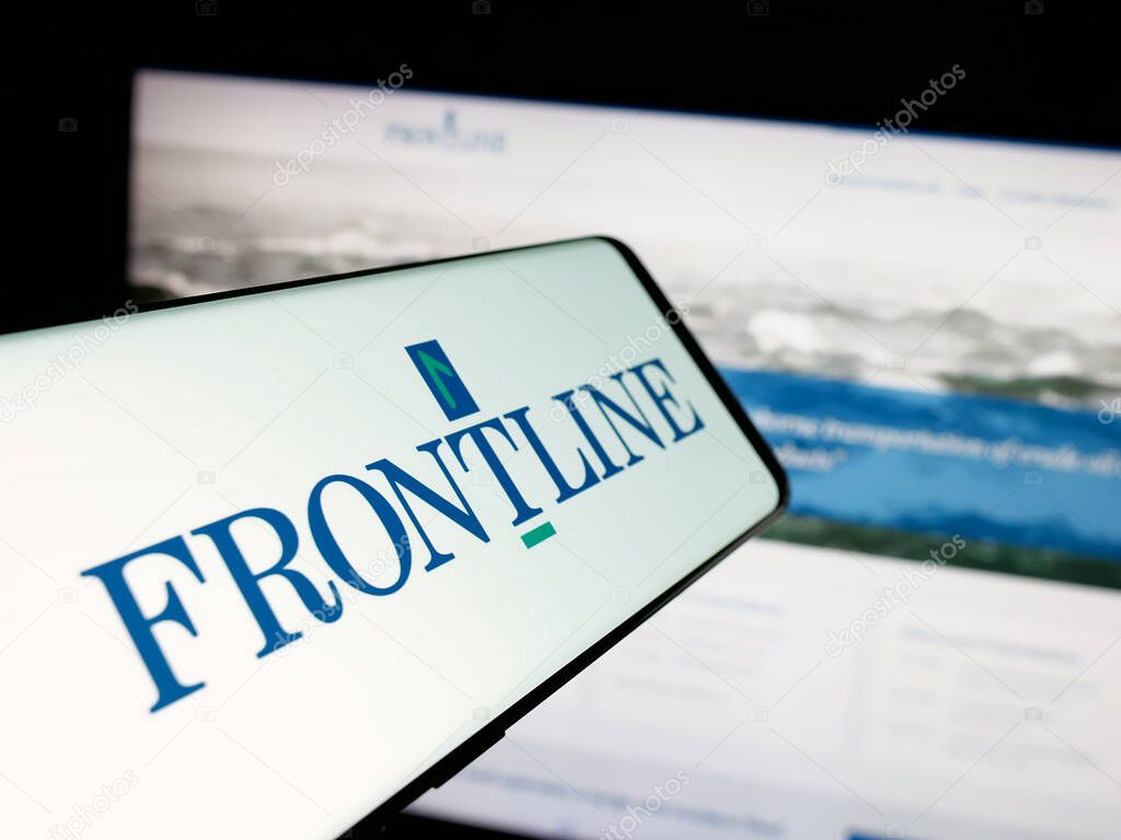 Stuttgart, Germany - 06-06-2025: Smartphone with logo of oil tanker shipping company Frontline plc on screen in front of website. Focus on center of phone display.