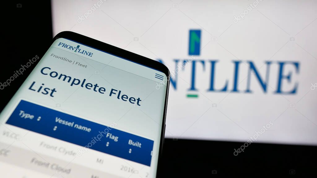 Stuttgart, Germany - 06-06-2025: Mobile phone with website of oil tanker shipping company Frontline plc on screen in front of logo. Focus on top-left of phone display.