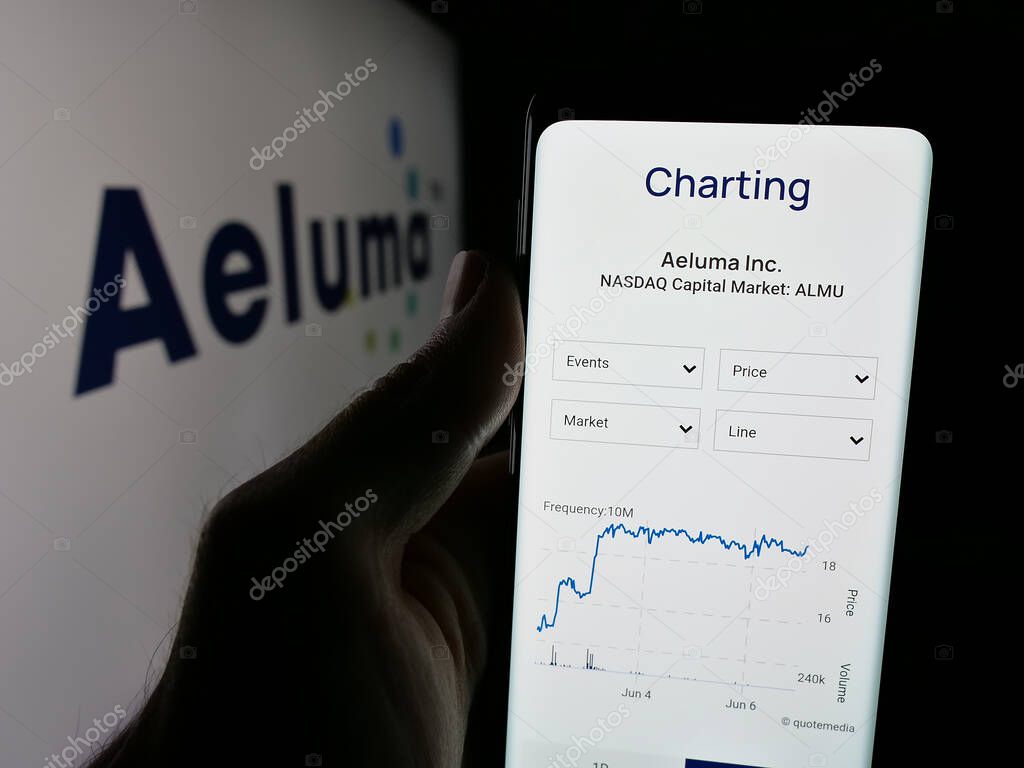Stuttgart, Germany - 06-07-2025: Person holding smartphone with web page of US semiconductor company Aeluma Inc. on screen in front of logo. Focus on center of phone display.