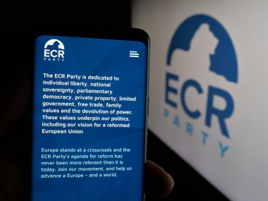 Stuttgart, Almanya - 06-27-2025: AB Muhafazakârlar ve Reformcular Partisi 'nin (AİHM) web sayfası logonun önünde duran kişi. Telefon ekranının merkezine odaklan.