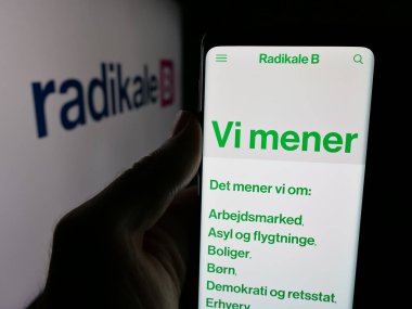 Stuttgart, Almanya - 07-11-2025: Danimarka siyasi partisi Radikale Venstre 'nin (RV) web sitesi logonun önünde cep telefonu tutan kişi. Telefon ekranının merkezine odaklan.