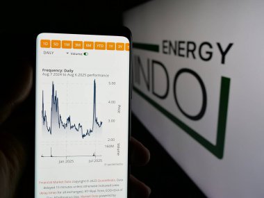 Stuttgart, Almanya - 08-14-2025: Endonezya Enerji Şirketi 'nin (Indo) web sayfası olan cep telefonu logosu önünde ekranda. Telefon ekranının merkezine odaklan.