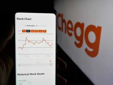 Stuttgart, Almanya - 08-18-2025: ABD 'li Edtech şirketi Chegg Inc.' in web sayfası ile akıllı telefon sahibi kişi logonun önünde ekranda. Telefon ekranının merkezine odaklan.