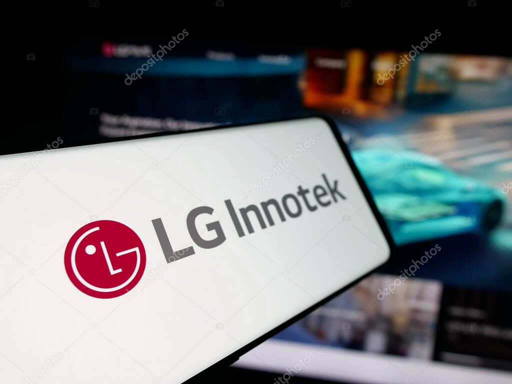 Stuttgart, Germany - 09-25-2025: Smartphone with logo of Korean electronics company LG Innotek Co. Ltd on screen in front of website. Focus on left of phone display.
