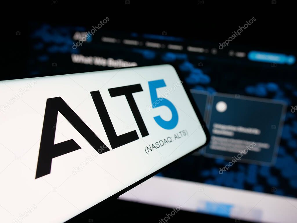 Stuttgart, Germany - 09-27-2025: Smartphone with logo of US financial company ALT5 Sigma Corporation on screen in front of website. Focus on center-left of phone display.