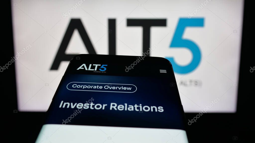 Stuttgart, Germany - 09-27-2025: Mobile phone with website of US financial company ALT5 Sigma Corporation on screen in front of logo. Focus on top-left of phone display.