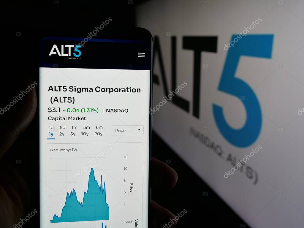 Stuttgart, Germany - 09-27-2025: Person holding cellphone with webpage of US financial company ALT5 Sigma Corporation on screen in front of logo. Focus on center of phone display.