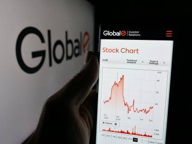 Stuttgart, Almanya - 09-28-2025: E-ticaret şirketi Global-e Online Ltd. 'nin web sayfası ile akıllı telefonu olan kişi logonun önünde ekranda. Telefon ekranının merkezine odaklan.