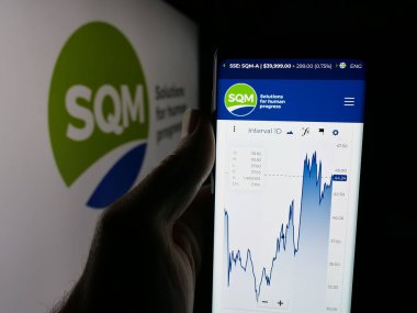 Stuttgart, Almanya - 09-28-2025: Sociedad Quimica y Minera de Chile 'in (SQM) web sayfası logonun önünde bulunan kişi. Telefon ekranının merkezine odaklan.