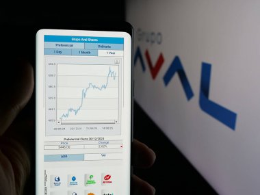 Stuttgart, Almanya - 09-29-2025: Logo önündeki ekranda Grupo Aval Acciones y Valores S.A. şirketinin web sayfası olan kişi. Telefon ekranının merkezine odaklan.