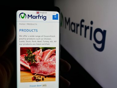 Stuttgart, Almanya - 09-29-2025: Marfrig Global Foods S.A. adlı gıda şirketinin web sayfası ile akıllı telefon sahibi kişi logonun önünde ekranda. Telefon ekranının merkezine odaklan.