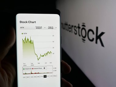 Stuttgart, Almanya - 10-01-2025: Stok fotoğrafçılık şirketi Shutterstock Inc. 'in web sayfası ile akıllı telefon sahibi kişi logonun önünde ekranda. Telefon ekranının merkezine odaklan.