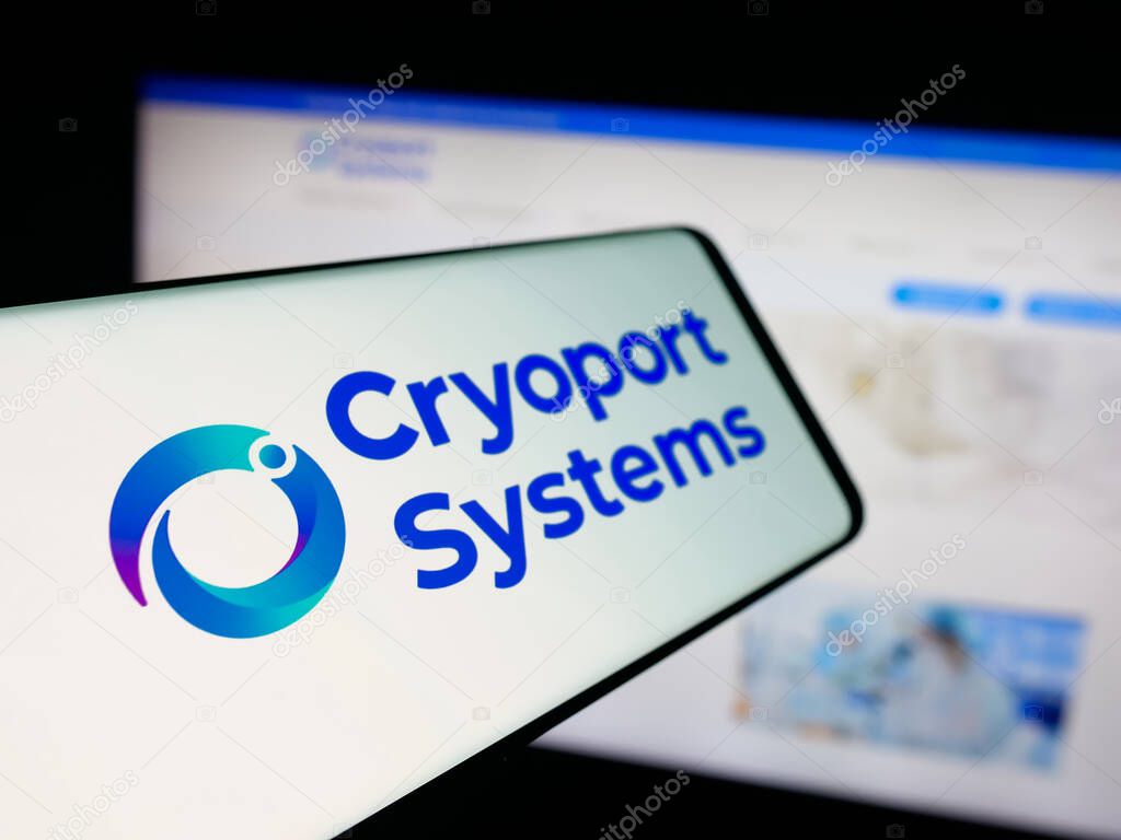 Stuttgart, Germany - 10-04-2025: Smartphone with logo of US supply chain company Cryoport Inc. on screen in front of website. Focus on left of phone display.